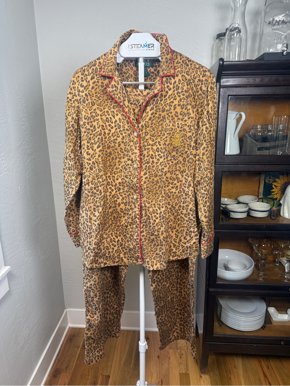 Lauren Ralph Lauren Leopard Print Cotton Pajamas Red Piping Loungewear Size XL